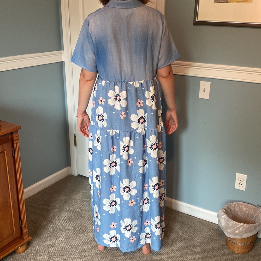 Light denim color maxi dress with blue and pink flowers - Picture 6 of 8